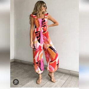 Fate Emel Smoked Beaded Jumpsuit Multicolor Geometric Flutter Sleeves Medium